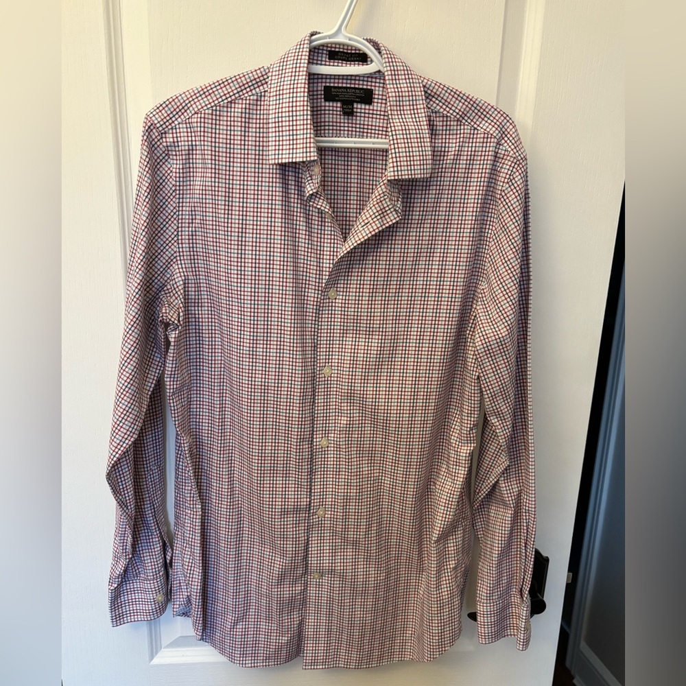 Banana Republic Men's Red and Blue Checkered Shirt